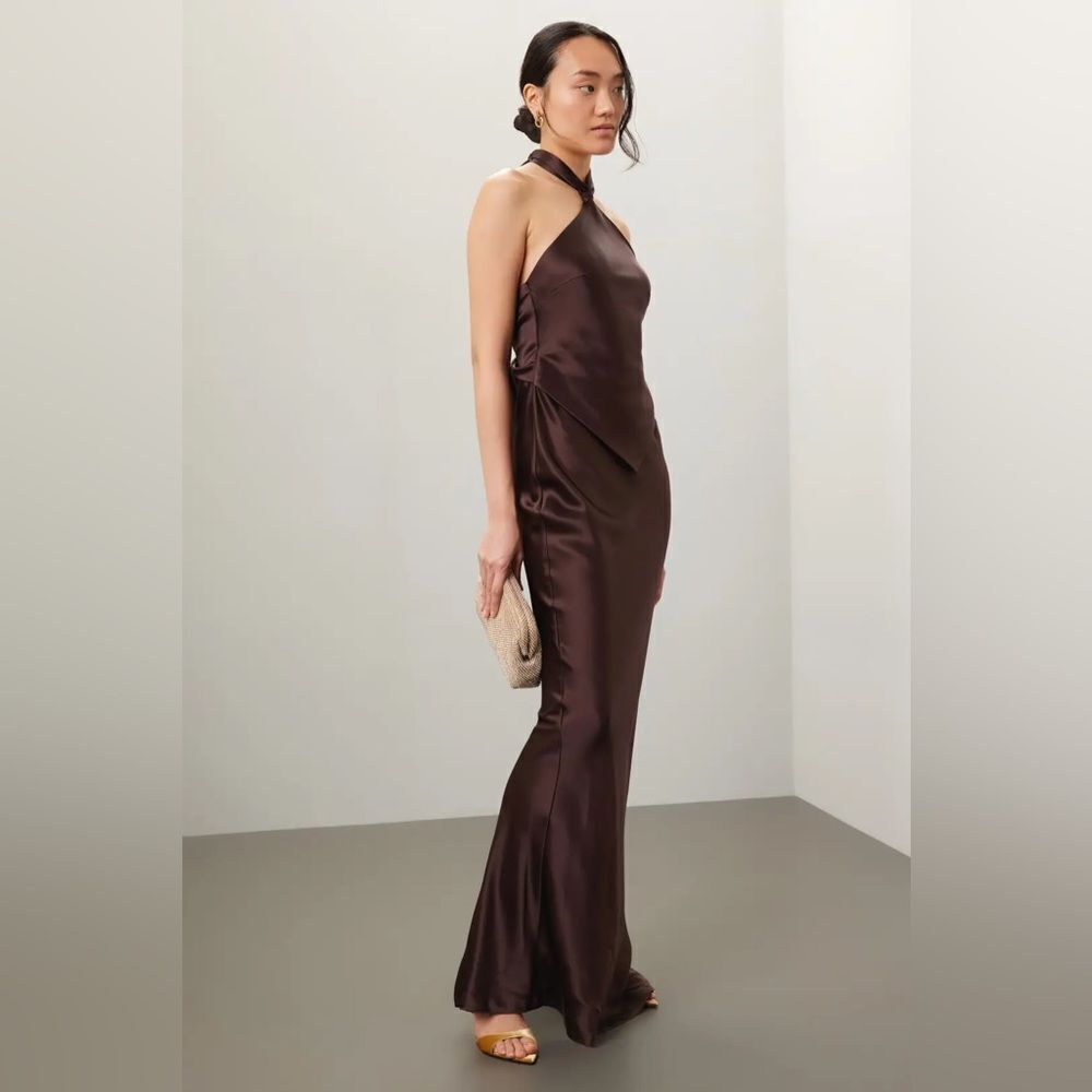 Retrofete Ester Halter Neck Brown Satin Dress Size XL